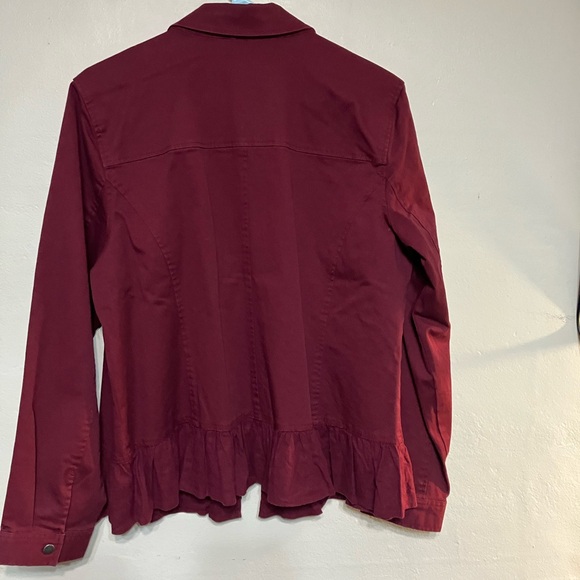 Denim&co Wine ruffled Denim Zip up jacket with snaps - Picture 2 of 4